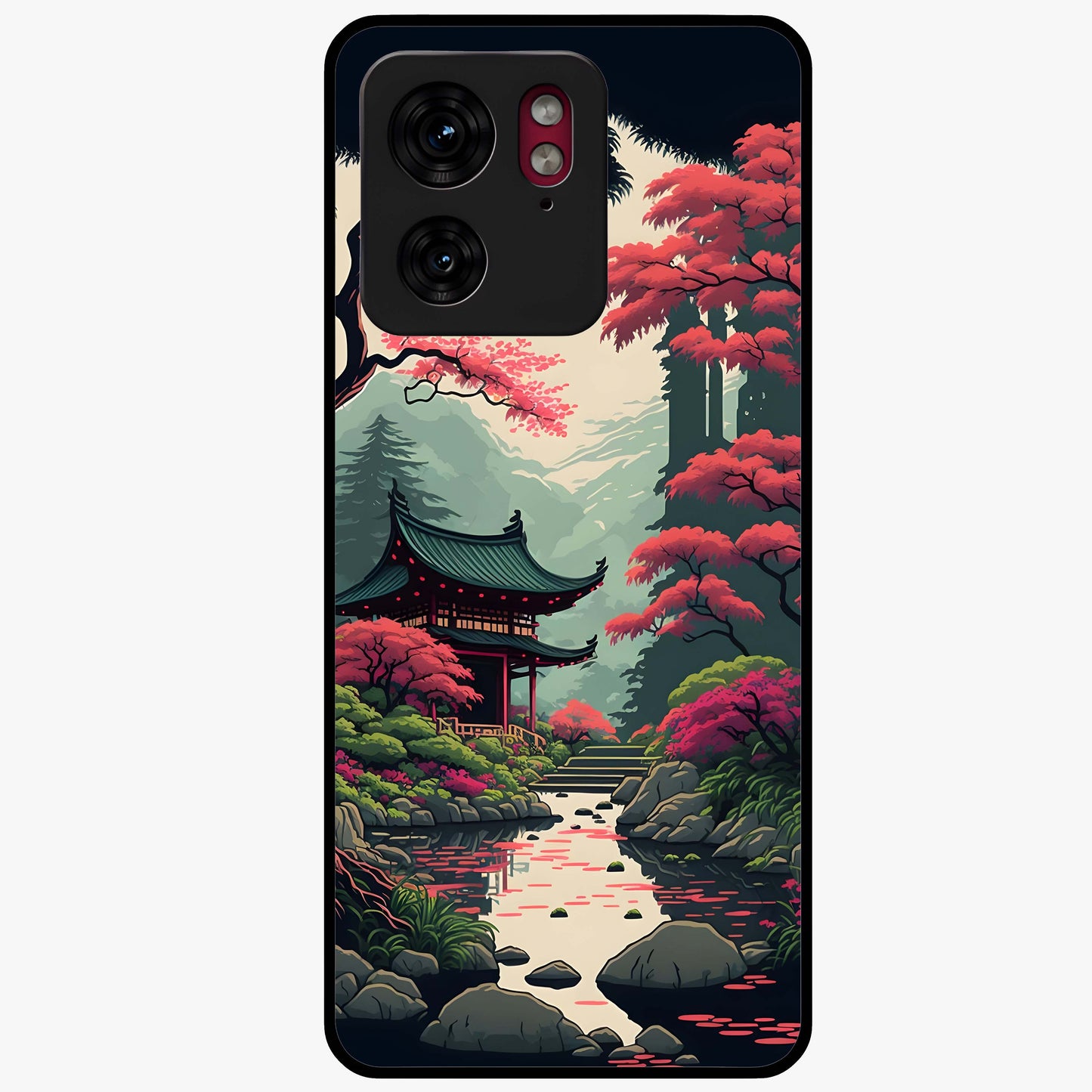 Crimson Temple View Glass Case showing flat back view with temple inspired artwork and glossy glass finish.
