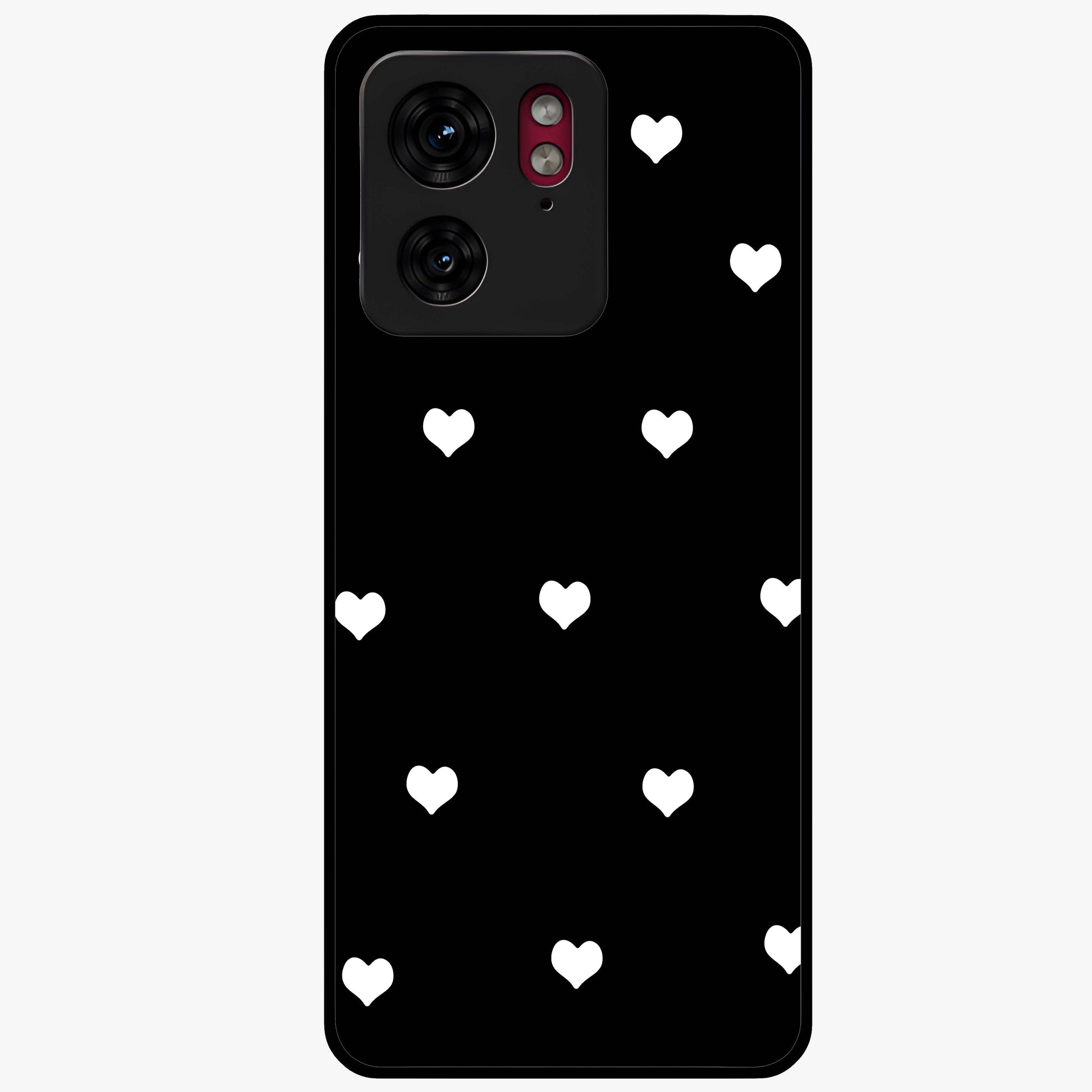 Cute And Simple White Hearts Glass Case showing flat back view with minimal white heart pattern and glossy glass finish.