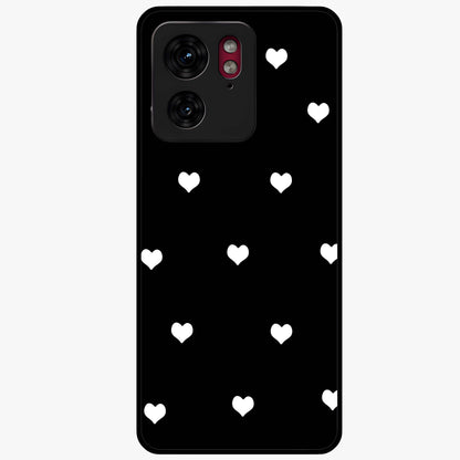 Cute And Simple White Hearts Glass Case showing flat back view with minimal white heart pattern and glossy glass finish.