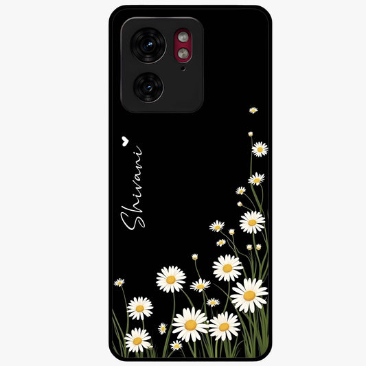 Daisy Cascade Custom Name Glass Case showing flat back view with cascading daisy flowers and personalized name design.