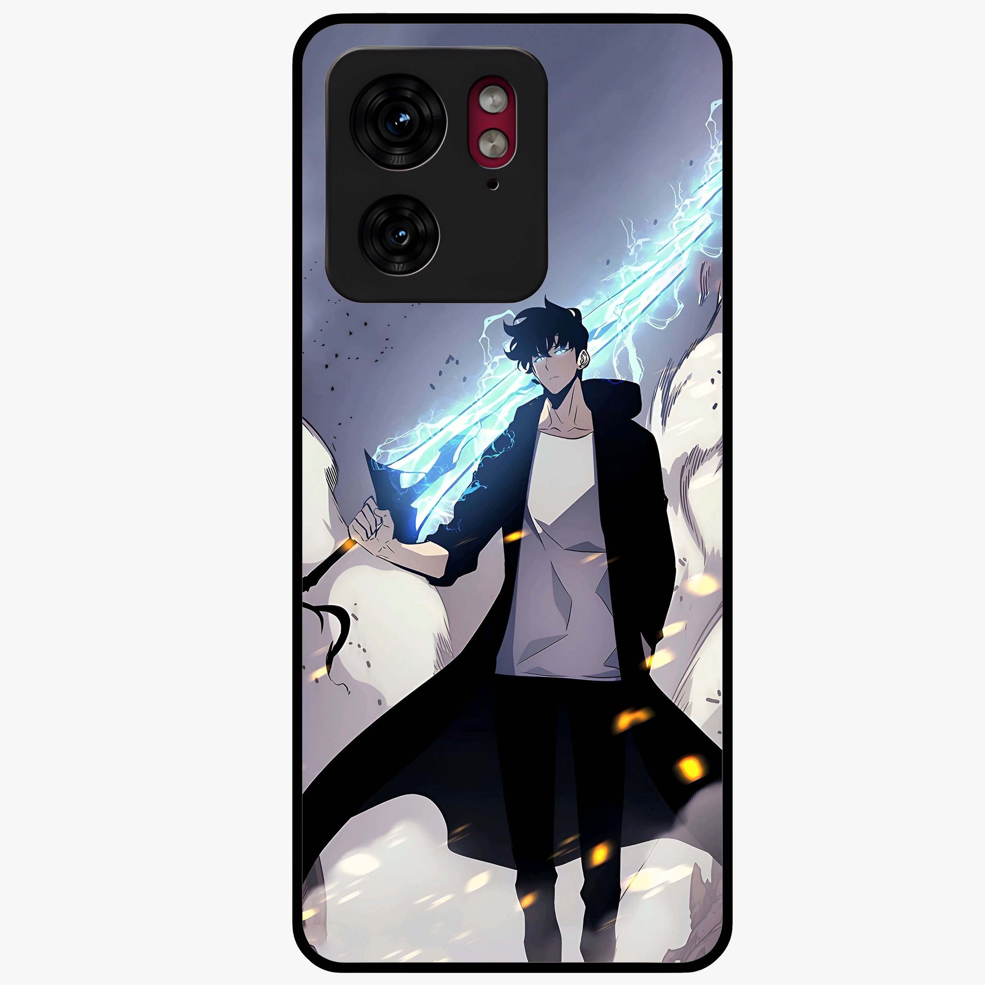 Dark Lightning Anime Warrior Glass Case showing flat back view with intense anime warrior artwork and glossy glass finish.