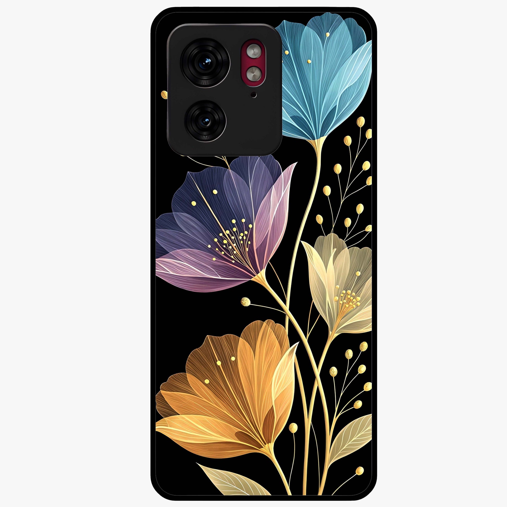 Delicate Multicolor Flowers Glass Case showing flat back view with vibrant floral artwork and glossy glass finish.
