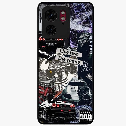 Die Young Glass Case showing flat back view with bold artistic typography design and glossy glass finish.
