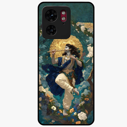 Divine Krishna Art Glass Case showing flat back view with Lord Krishna artwork and glossy glass finish.