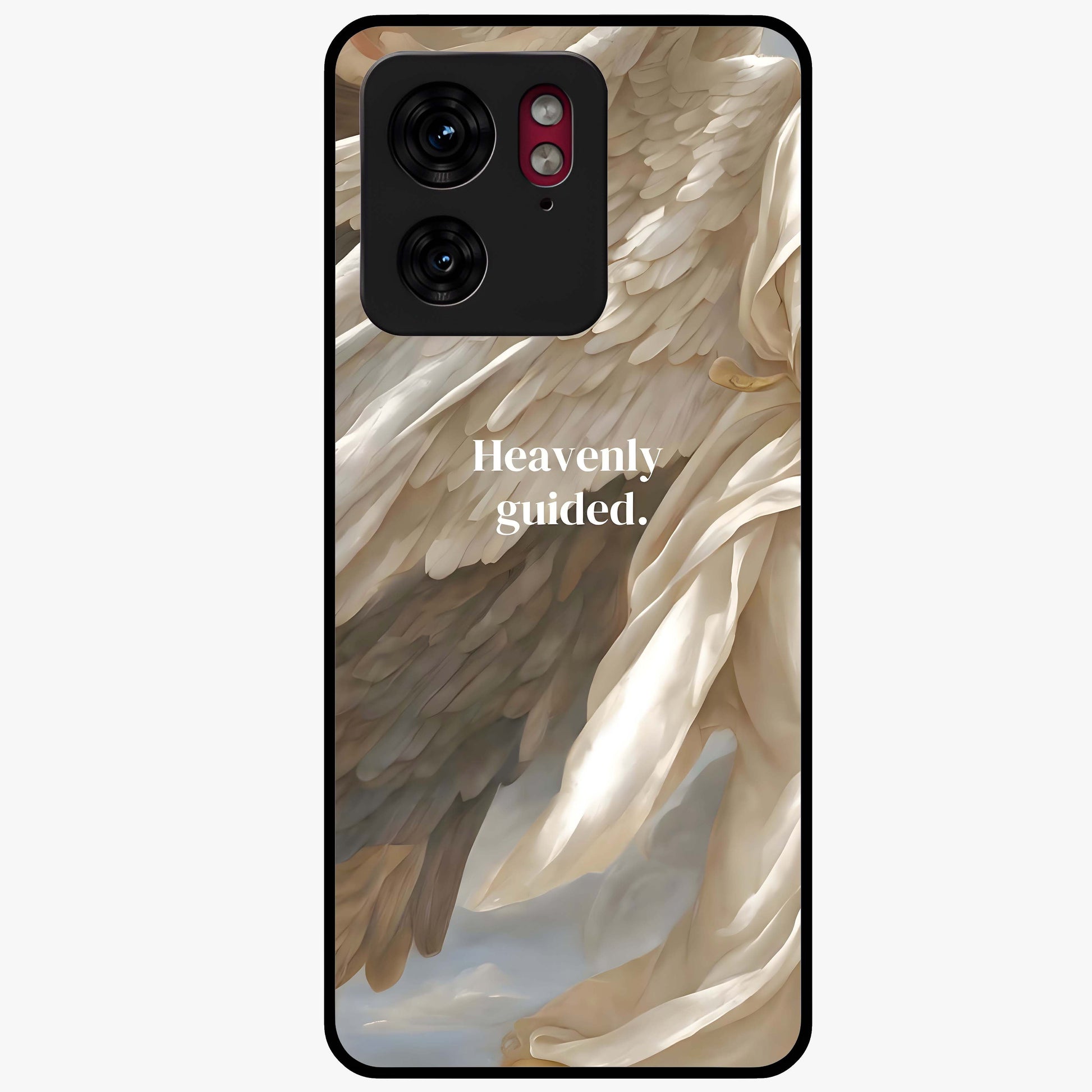 Divine Winged Grace Glass Case showing flat back view with elegant wing inspired artwork and glossy glass finish.