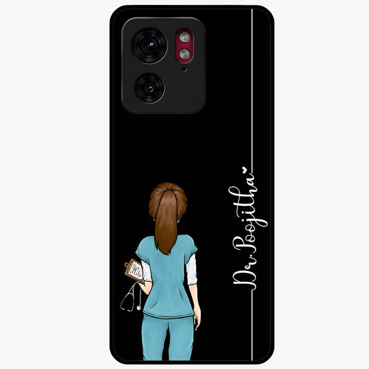 Doctor Pattern Custom Name Glass Case showing flat back view with medical themed pattern and personalized name design.