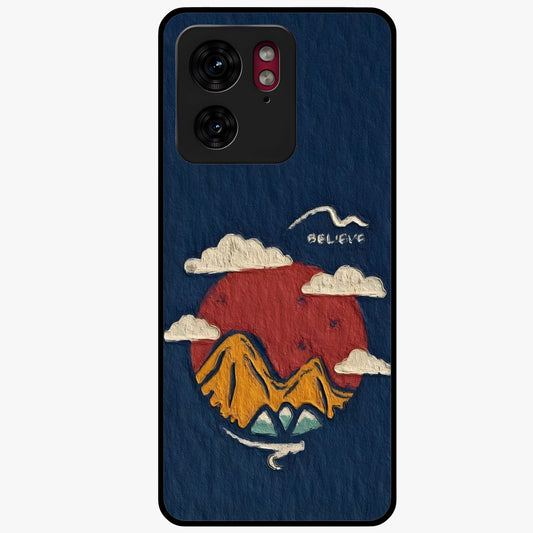 Dream Beyond Mountains Glass Case showing flat back view with scenic mountain landscape artwork and glossy glass finish.