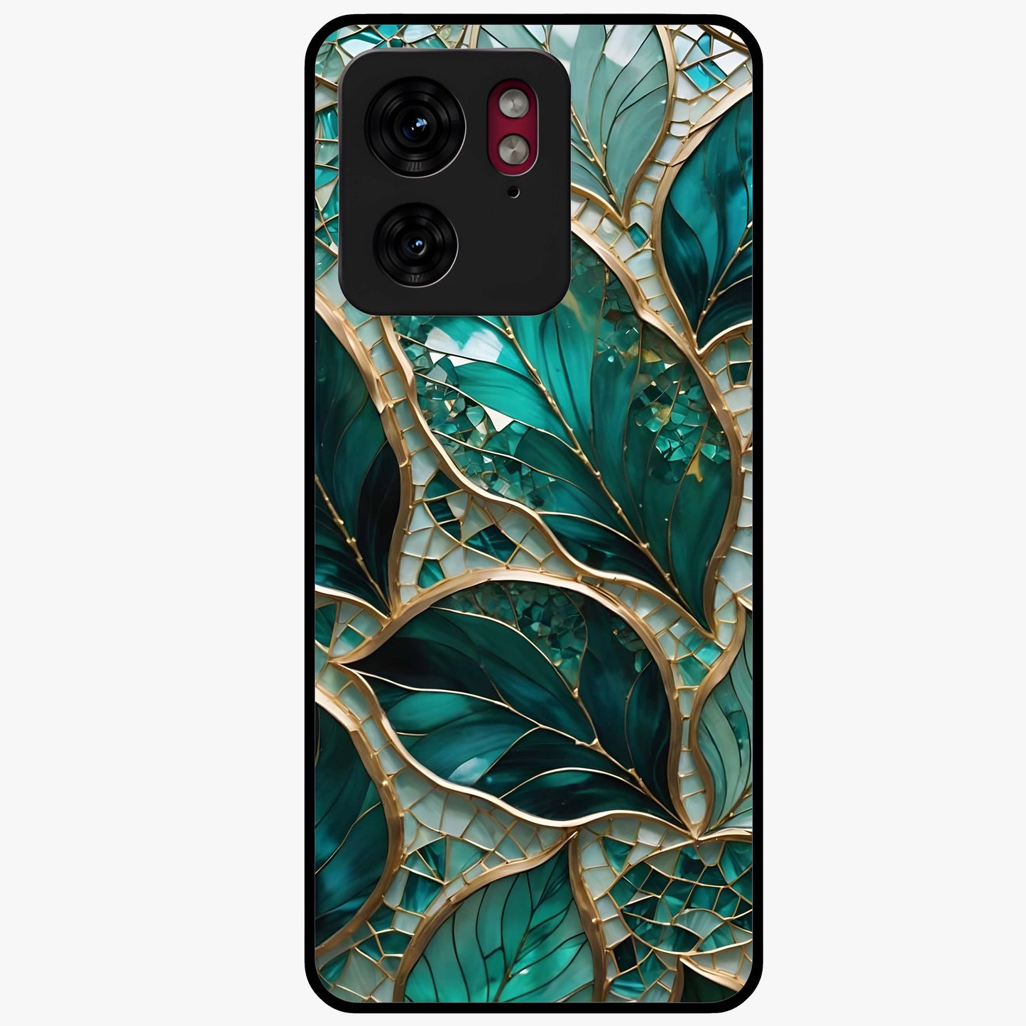 Emerald Leaf Glass Glass Case showing flat back view with emerald green leaf artwork and glossy glass finish.