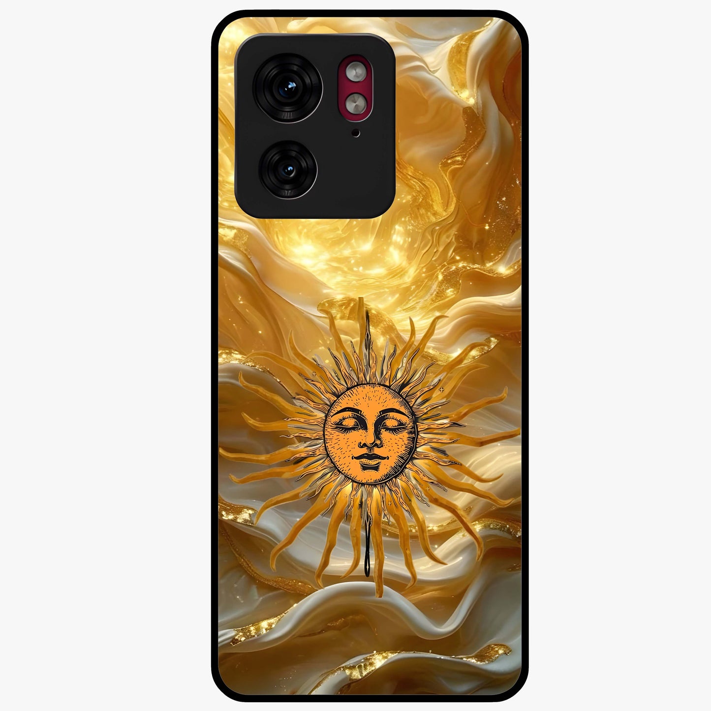 Eternal Golden Glow Glass Case showing flat back view with radiant golden themed artwork and glossy glass finish.