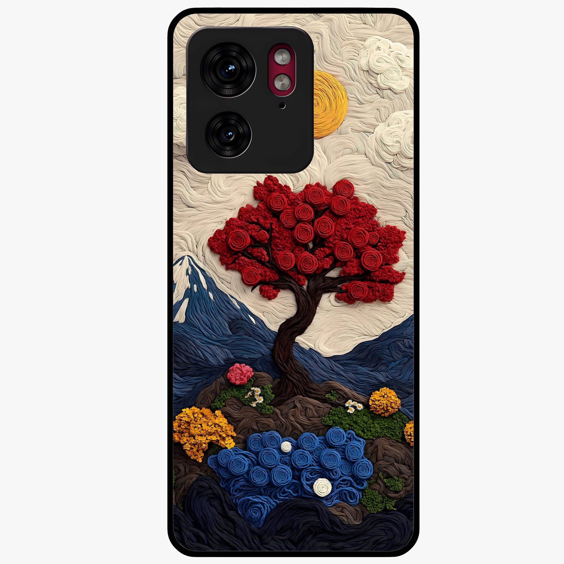 Eternal Nature Tapestry Glass Case showing flat back view with intricate nature tapestry artwork and glossy glass finish.