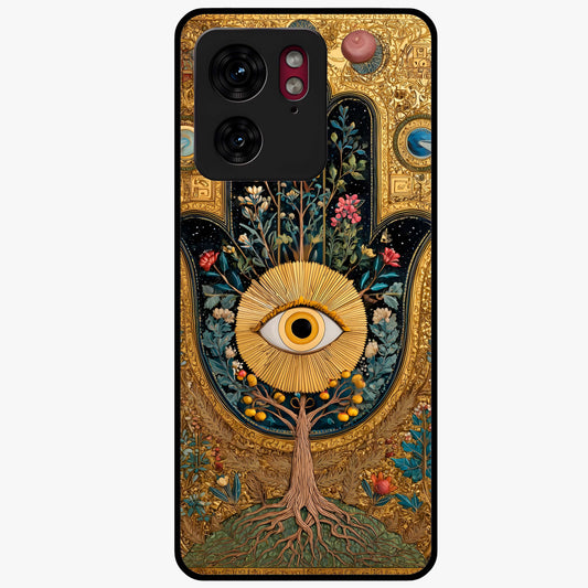 Ethereal Evil Eye Glass Case showing flat back view with mystical evil eye artwork and glossy glass finish.