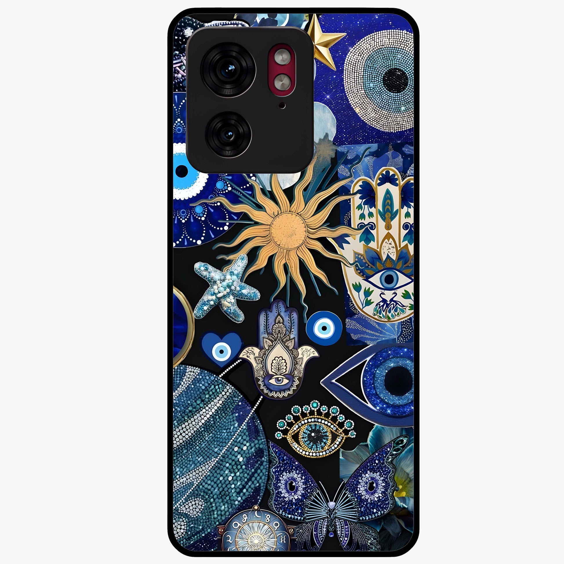 Evil Eye Charm Mix Glass Case showing flat back view with multiple evil eye charms artwork and glossy glass finish.
