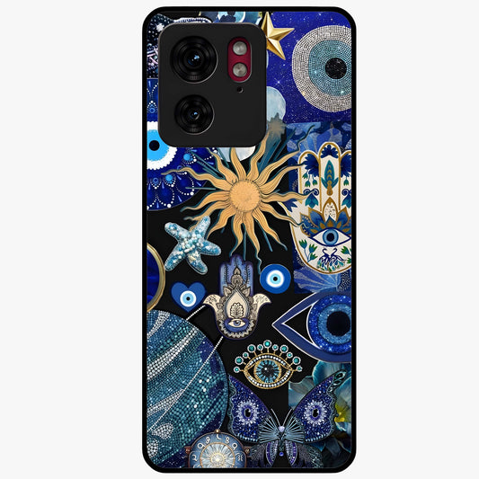 Evil Eye Charm Mix Glass Case showing flat back view with multiple evil eye charms artwork and glossy glass finish.