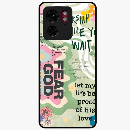 Faith Over Fear Glass Case showing flat back view with motivational typography artwork and glossy glass finish.