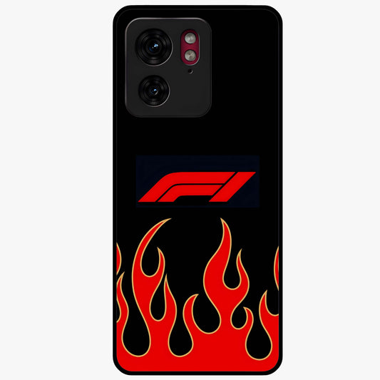 Fire F11 Glass Case showing flat back view with fiery themed artwork and glossy glass finish.