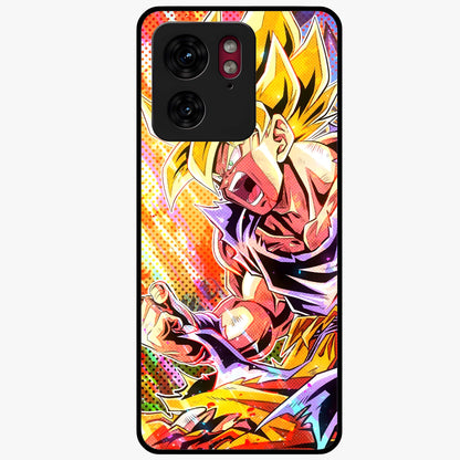 Firing Goku Glass Case showing flat back view with powerful anime inspired artwork and glossy glass finish.