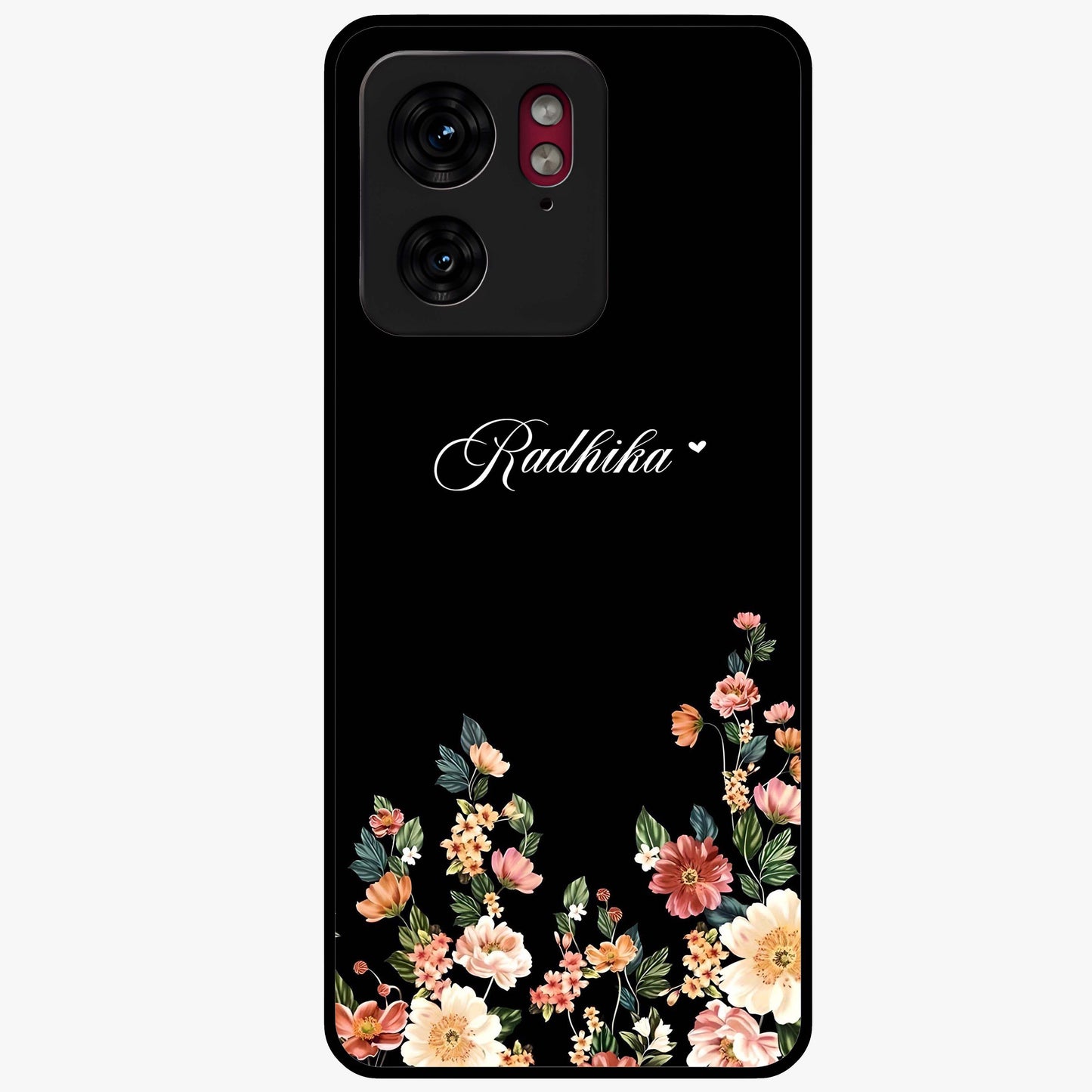 Floral Design With a Custom Personalized Name Glass Case showing flat back view with floral artwork and personalized name design.