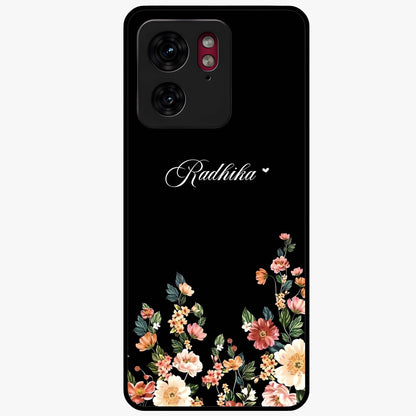 Floral Design With a Custom Personalized Name Glass Case showing flat back view with floral artwork and personalized name design.
