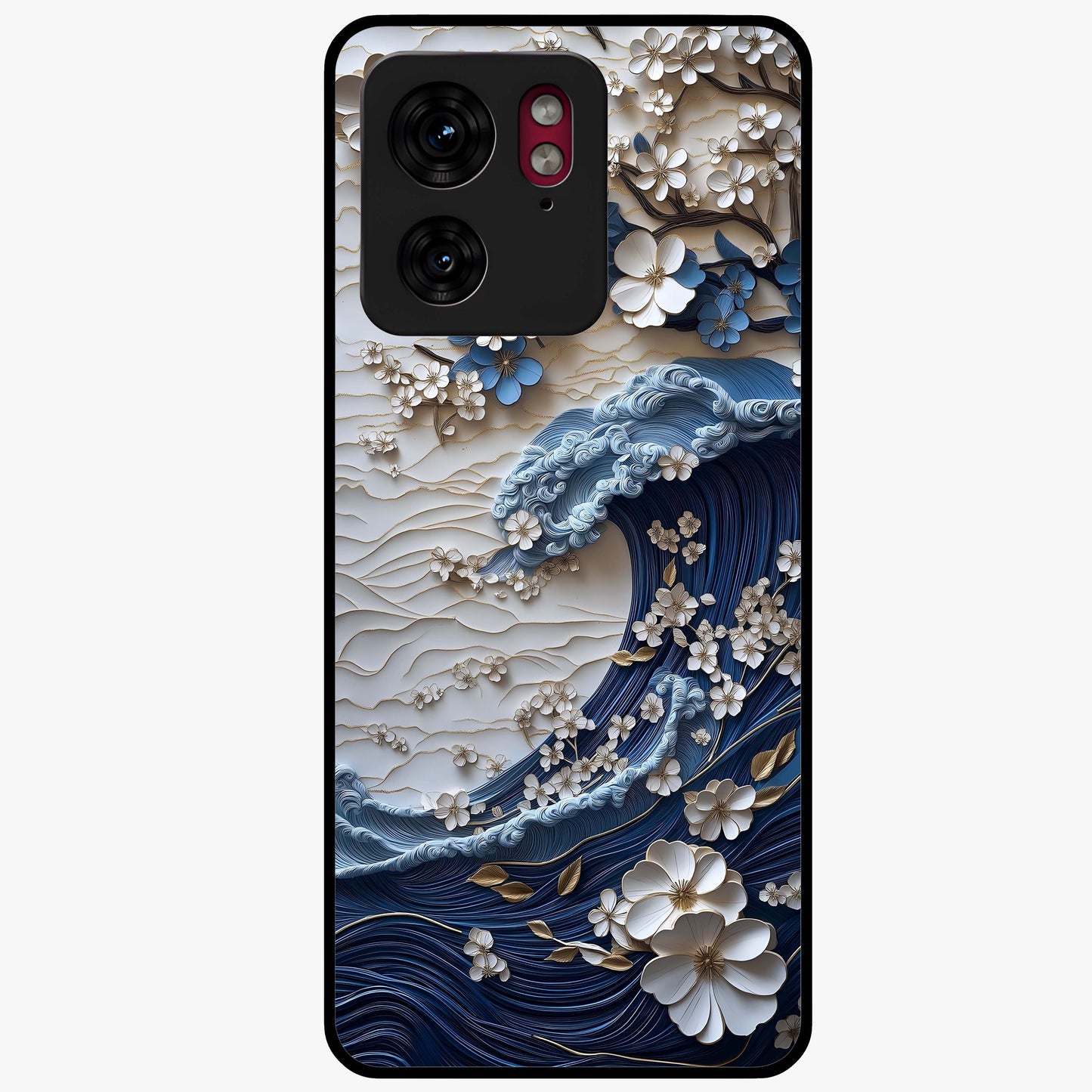 Floral Wave Origami Glass Case showing flat back view with origami inspired floral wave artwork and glossy glass finish.