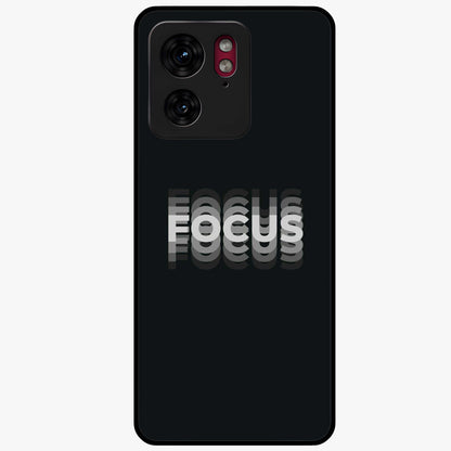 Focus Mode On Glass Case showing flat back view with bold motivational typography design and glossy glass finish.