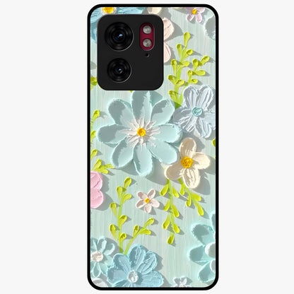 Frosted Petal Garden Glass Case showing flat back view with soft frosted floral artwork and glossy glass finish.
