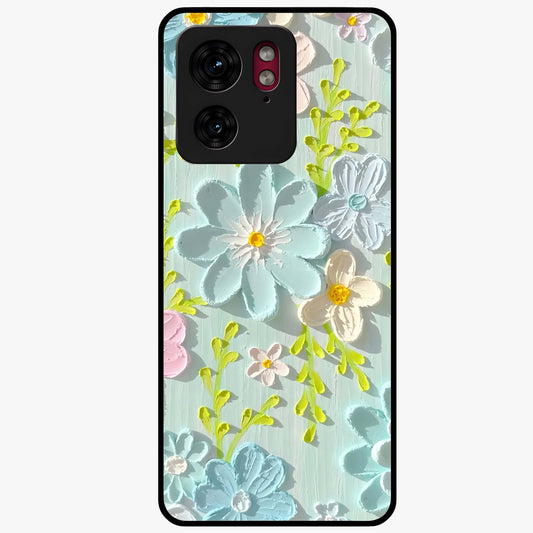 Frosted Petal Garden Glass Case showing flat back view with soft frosted floral artwork and glossy glass finish.