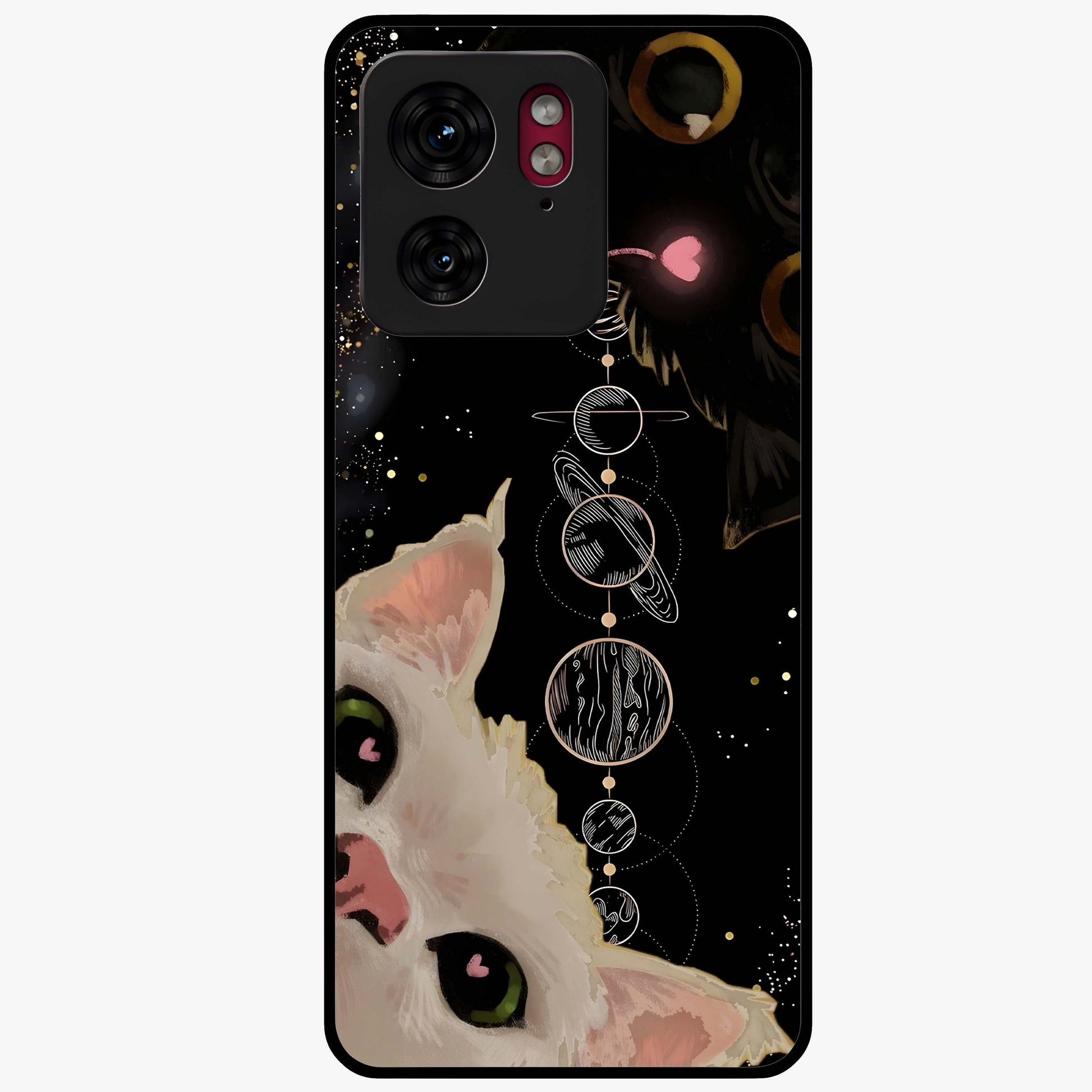 Galactic Cat Glass Case showing flat back view with cosmic cat artwork and glossy glass finish.