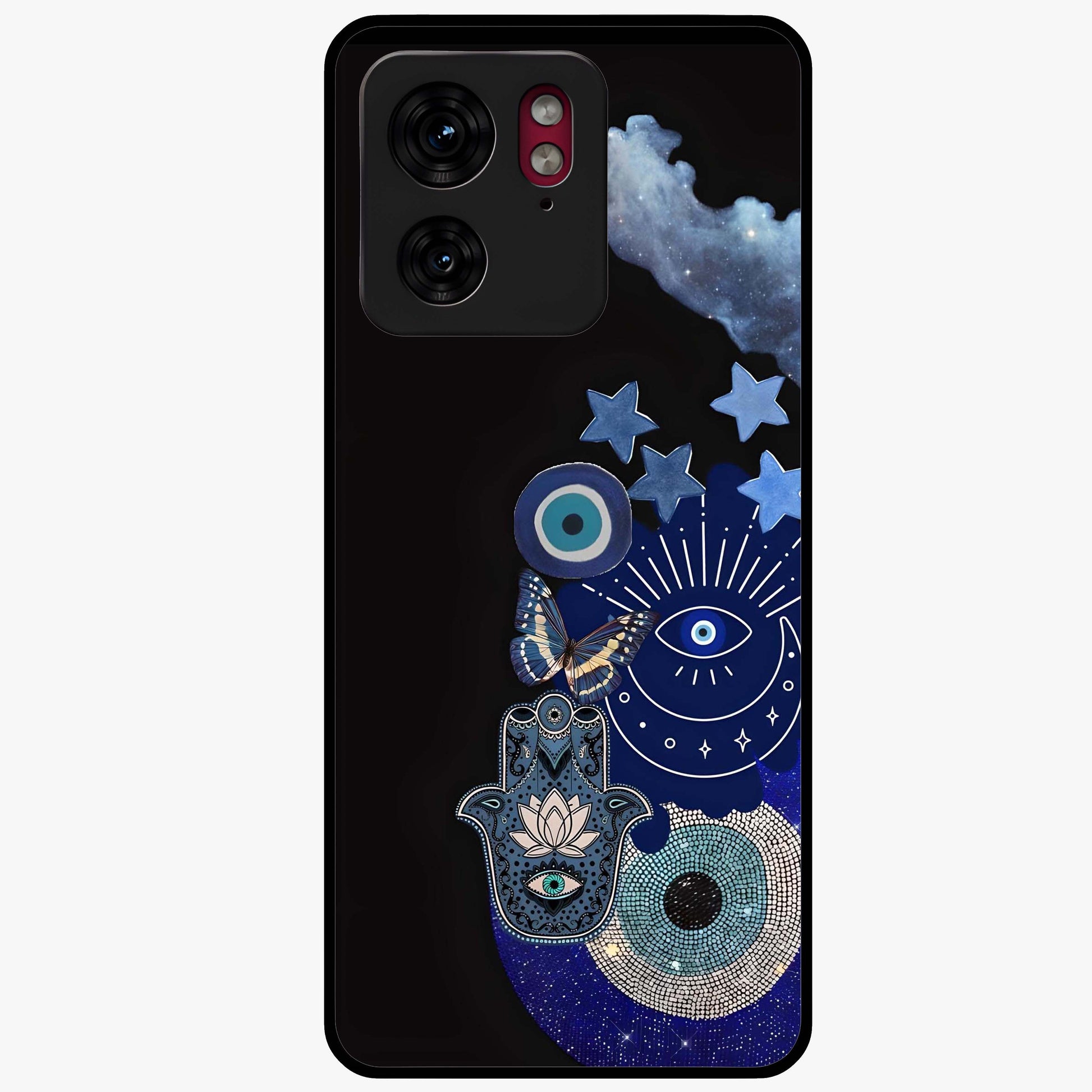 Galactic Charm Cluster Glass Case showing flat back view with glowing celestial charm artwork and glossy glass finish.
