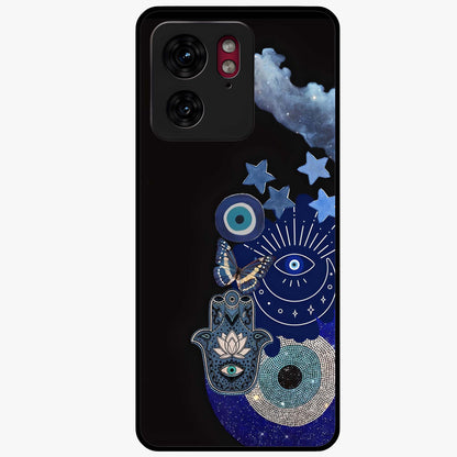 Galactic Charm Cluster Glass Case showing flat back view with glowing celestial charm artwork and glossy glass finish.