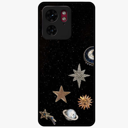Galactic Charm Glow Glass Case showing flat back view with glowing celestial charm artwork and glossy glass finish.
