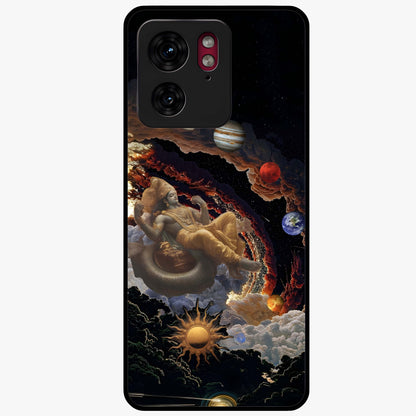 Galactic Divine God Glass Case showing flat back view with divine cosmic themed artwork and glossy glass finish.