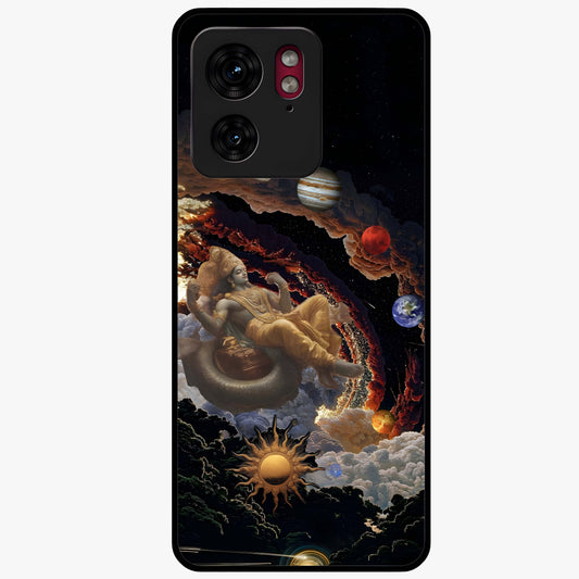 Galactic Divine God Glass Case showing flat back view with divine cosmic themed artwork and glossy glass finish.