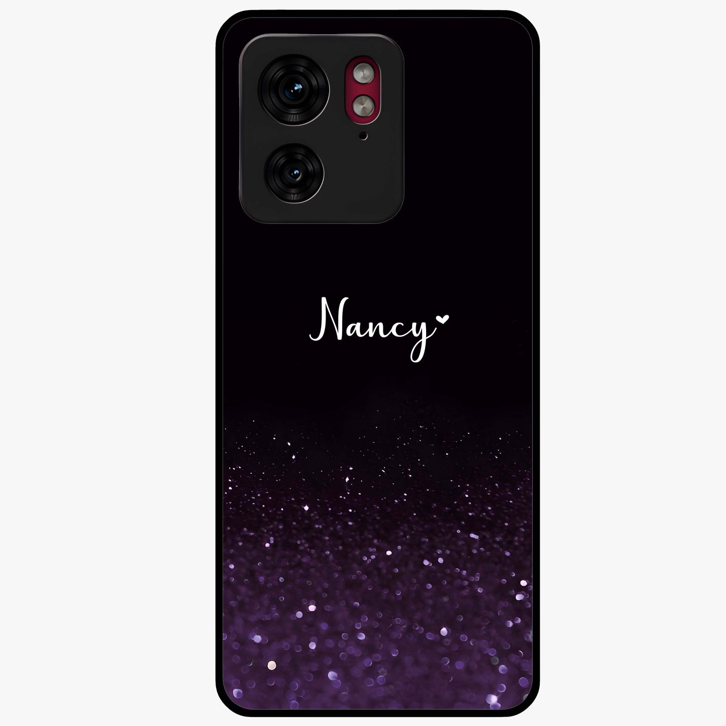Glittery Purple Bokeh Custom Name Glass Case showing flat back view with purple bokeh sparkle artwork and personalized name design.