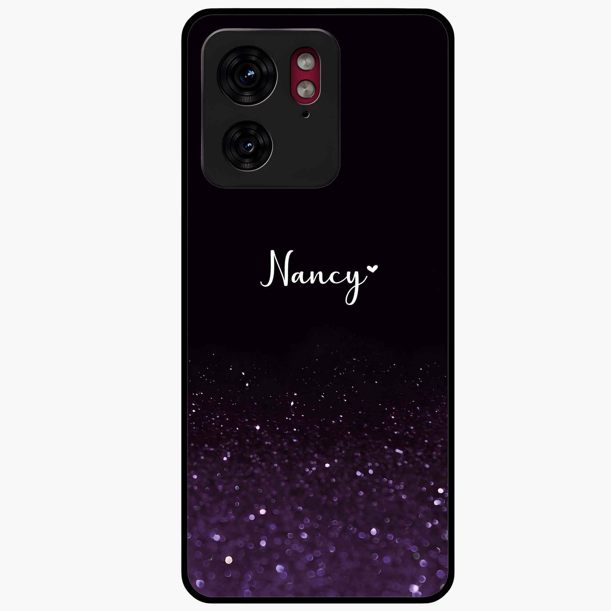 Glittery Purple Bokeh Custom Name Glass Case showing flat back view with purple bokeh sparkle artwork and personalized name design.
