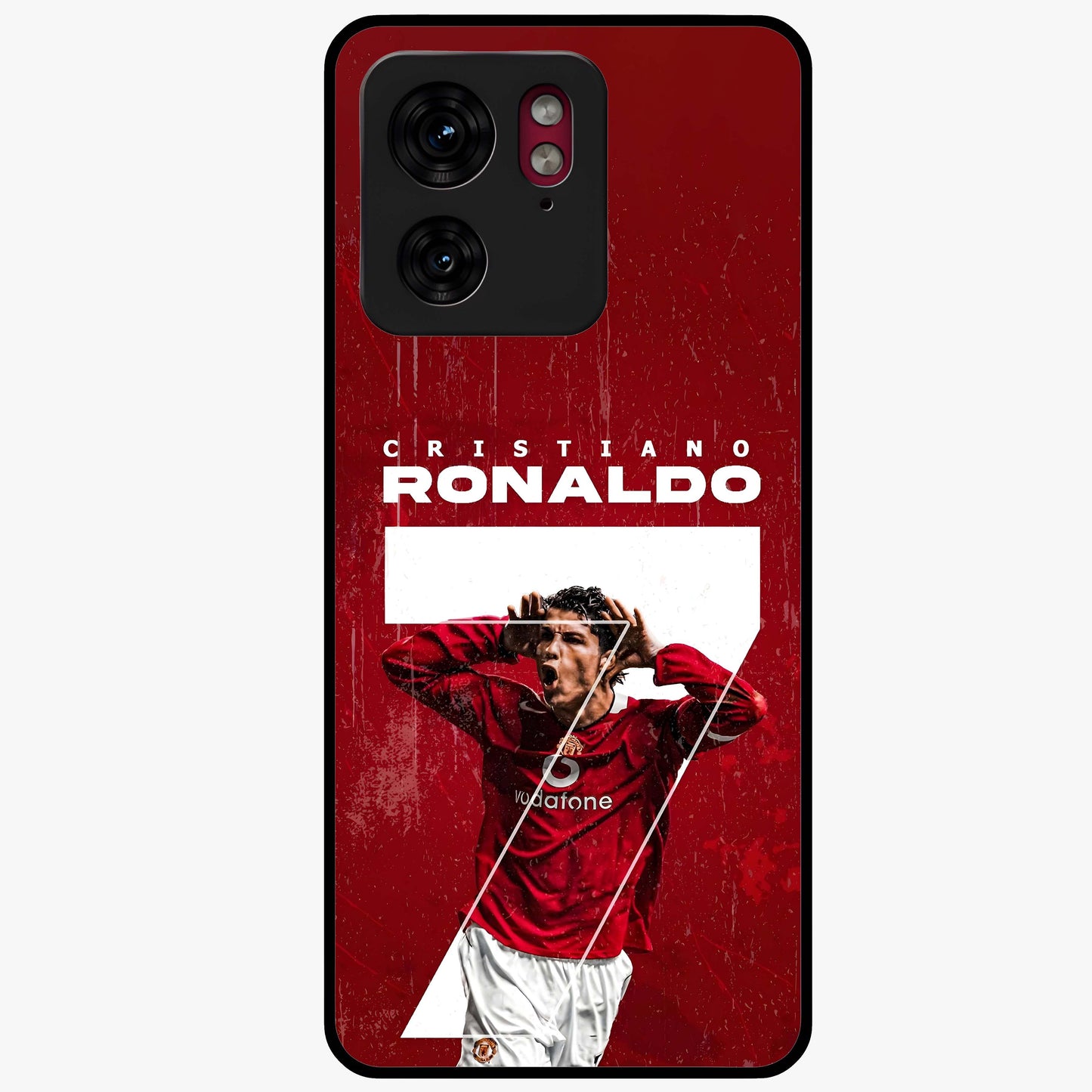Goal Celebration Legacy Glass Case showing flat back view with football celebration inspired artwork and glossy glass finish.