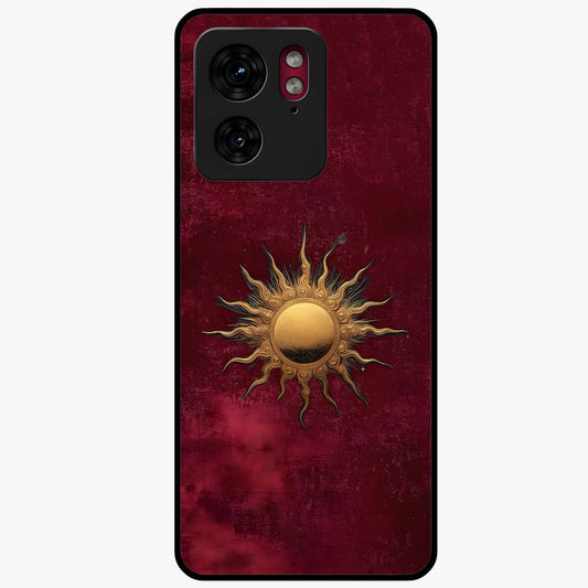 Gold Sun Blush Glass Case showing flat back view with golden sun inspired artwork and glossy glass finish.