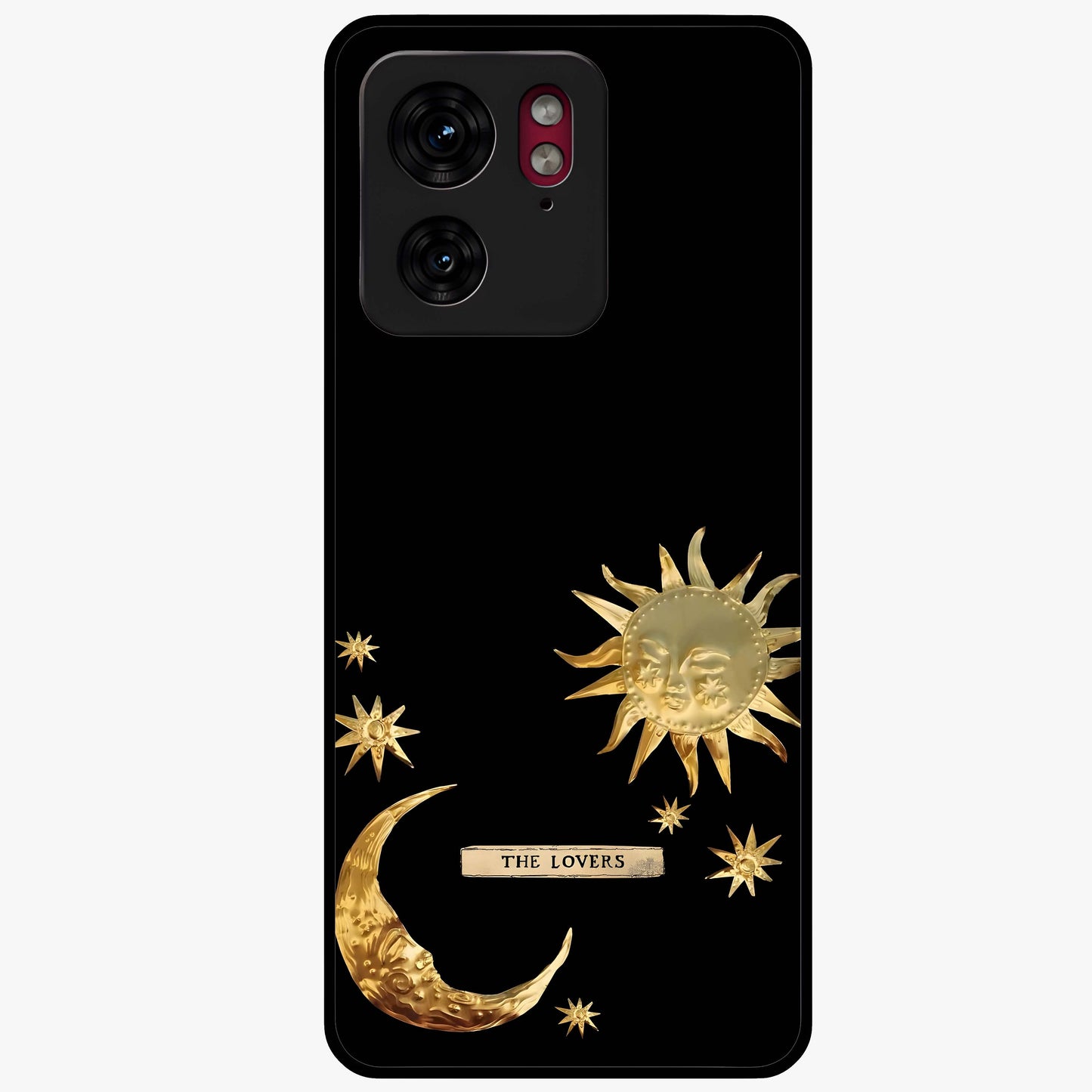 Golden Celestial Charm Glass Case showing flat back view with golden celestial charm artwork and glossy glass finish.