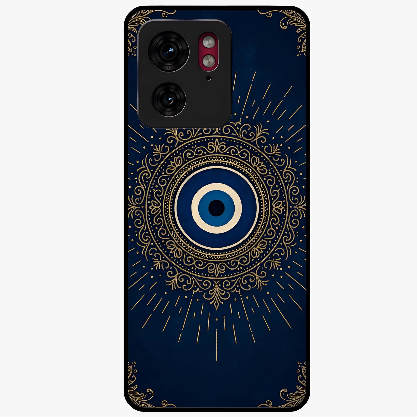 Golden Evil Eye Mandala Glass Case showing flat back view with intricate evil eye mandala artwork and glossy glass finish.