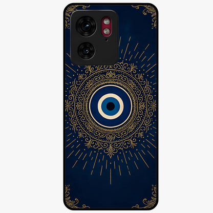 Golden Evil Eye Mandala Glass Case showing flat back view with intricate evil eye mandala artwork and glossy glass finish.