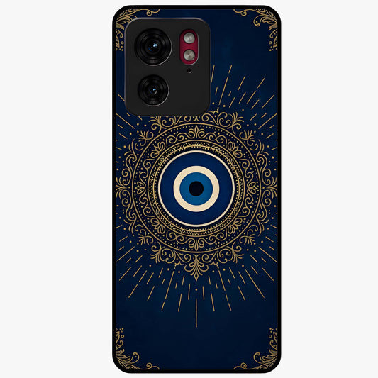 Golden Evil Eye Mandala Glass Case showing flat back view with intricate evil eye mandala artwork and glossy glass finish.