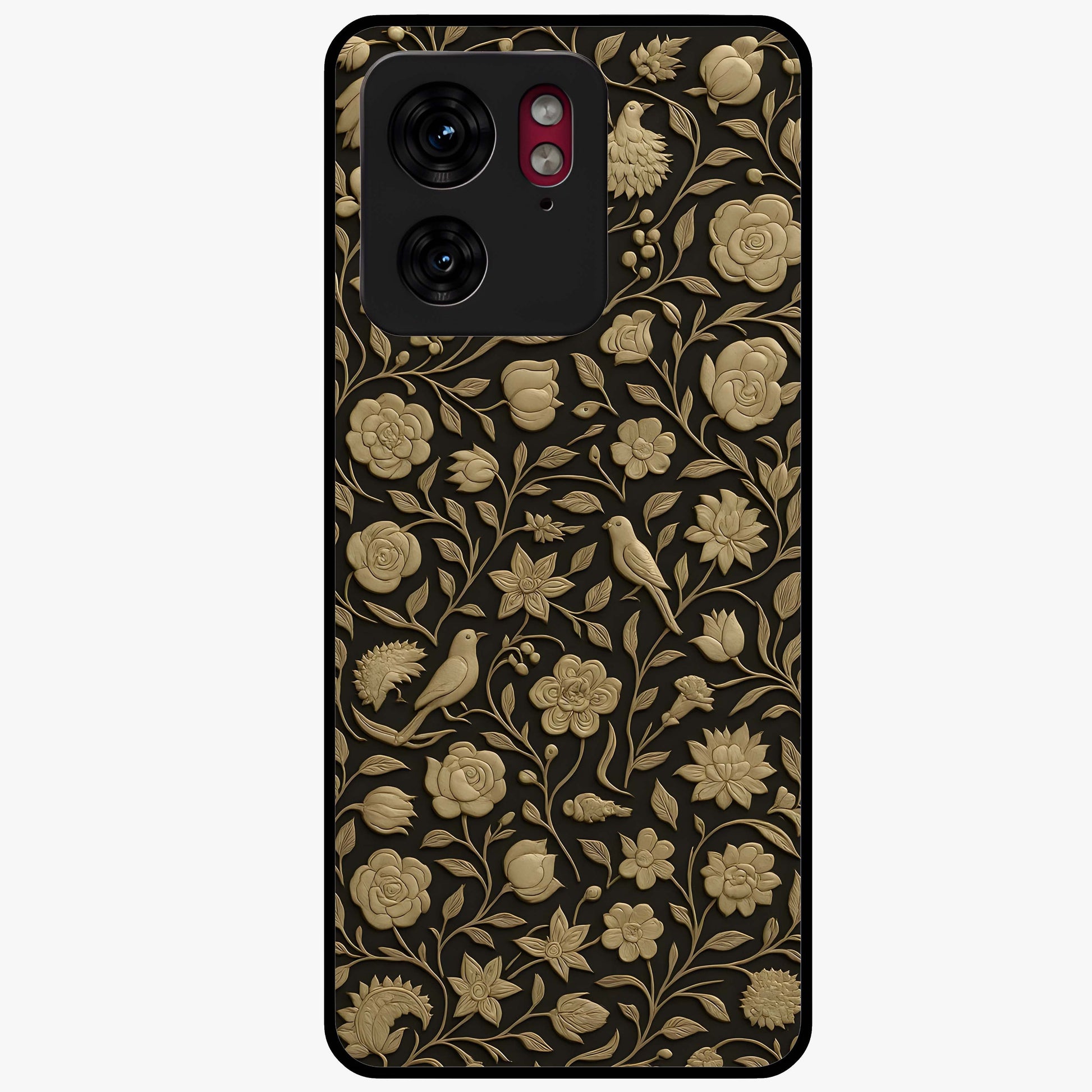 Golden Floral Majesty Glass Case showing flat back view with luxurious golden floral artwork and glossy glass finish.