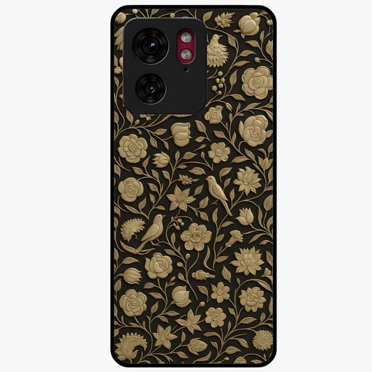 Golden Floral Majesty Glass Case showing flat back view with luxurious golden floral artwork and glossy glass finish.
