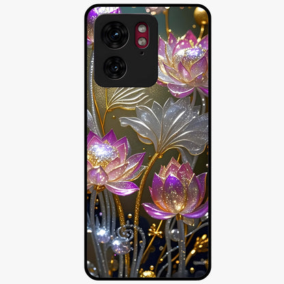 Golden Lotus Glow Glass Case showing flat back view with glowing lotus flower artwork and glossy glass finish.