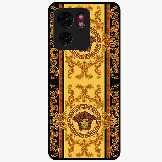 Golden Royal Heritage Glass Case showing flat back view with ornate royal pattern artwork and glossy glass finish.