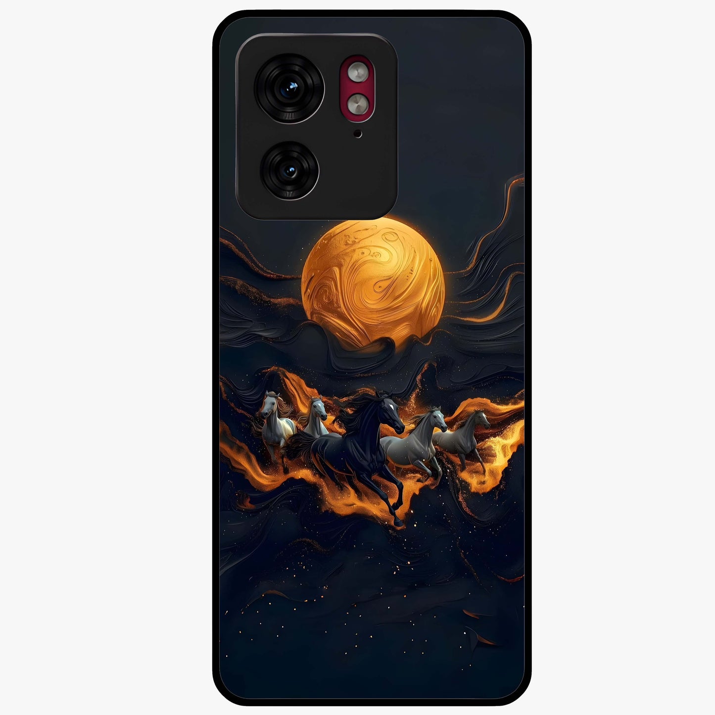 Golden Stallion Moonride Glass Case showing flat back view with majestic horse under moonlight artwork and glossy glass finish.