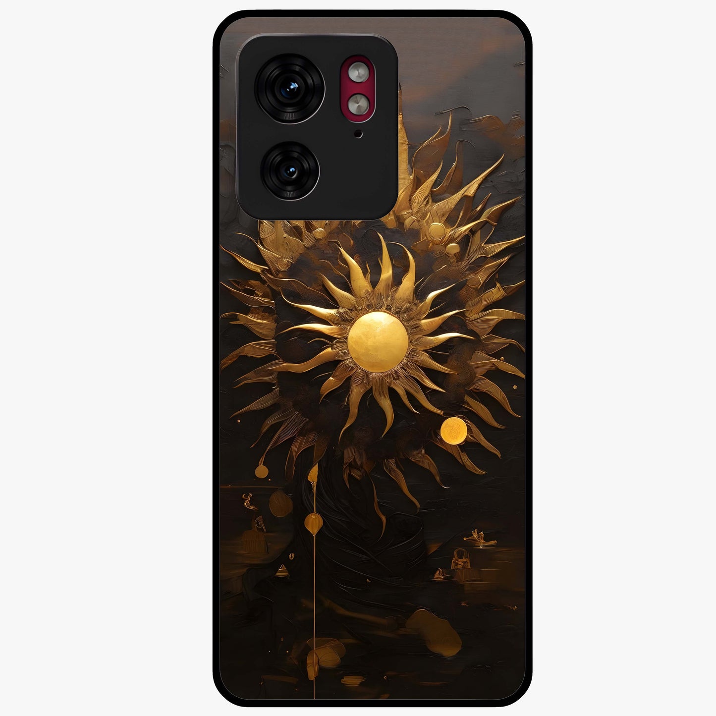 Golden Sun Majesty Glass Case showing flat back view with radiant golden sun artwork and glossy glass finish.