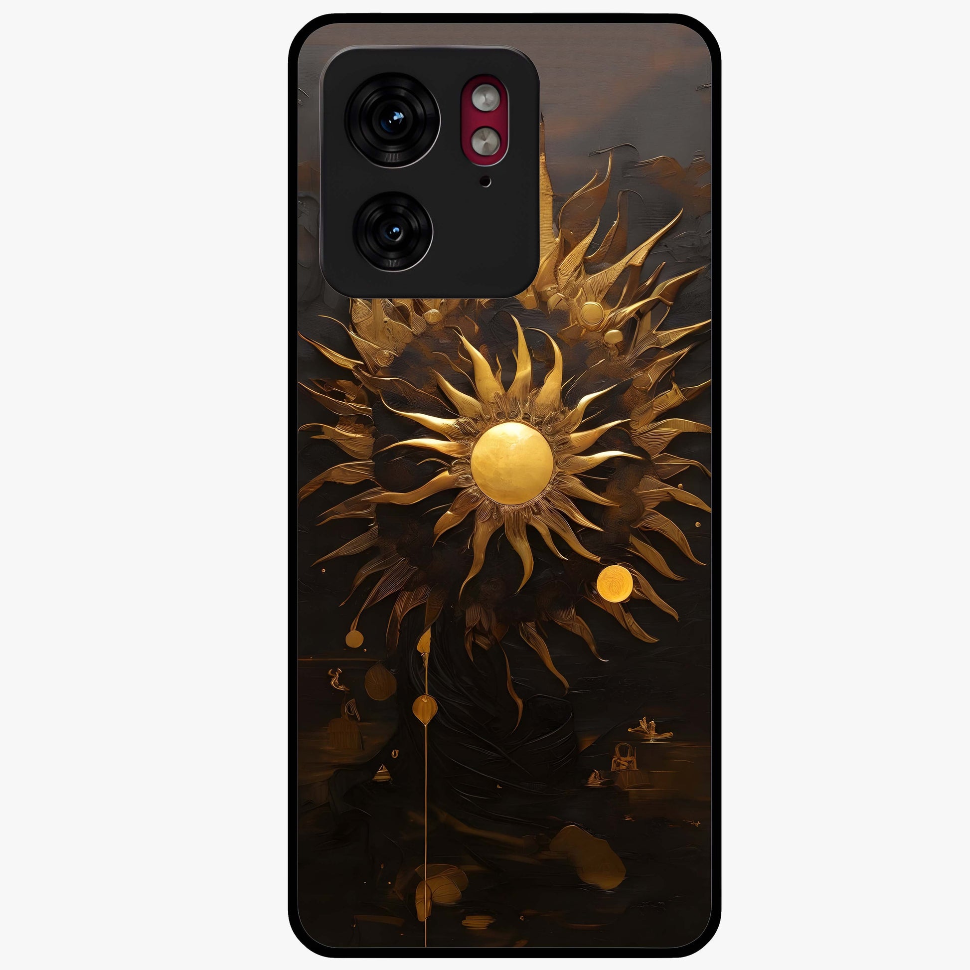 Golden Sun Majesty Glass Case showing flat back view with radiant golden sun artwork and glossy glass finish.