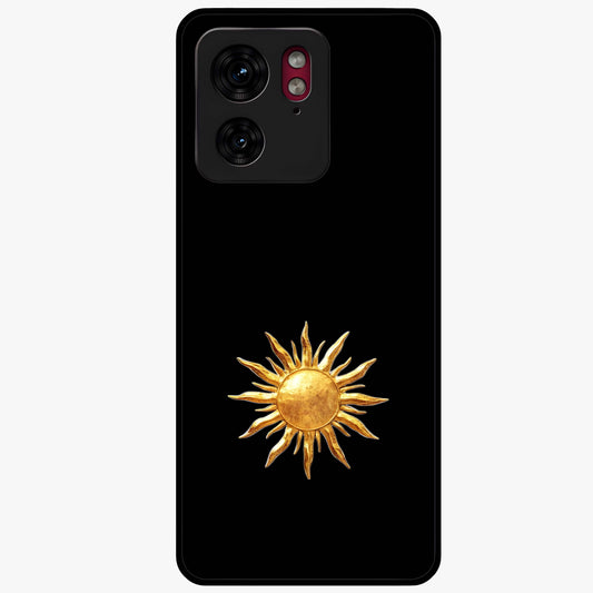 Golden Sun Minimalism Glass Case showing flat back view with minimal golden sun artwork and glossy glass finish.