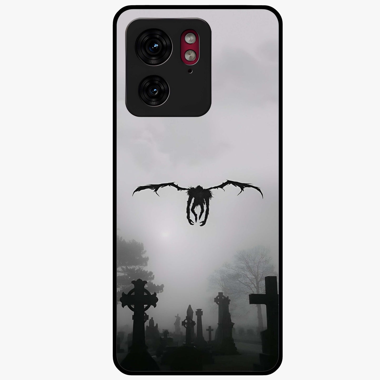 Graveyard Shadow Descent Glass Case showing flat back view with dark graveyard themed artwork and glossy glass finish.