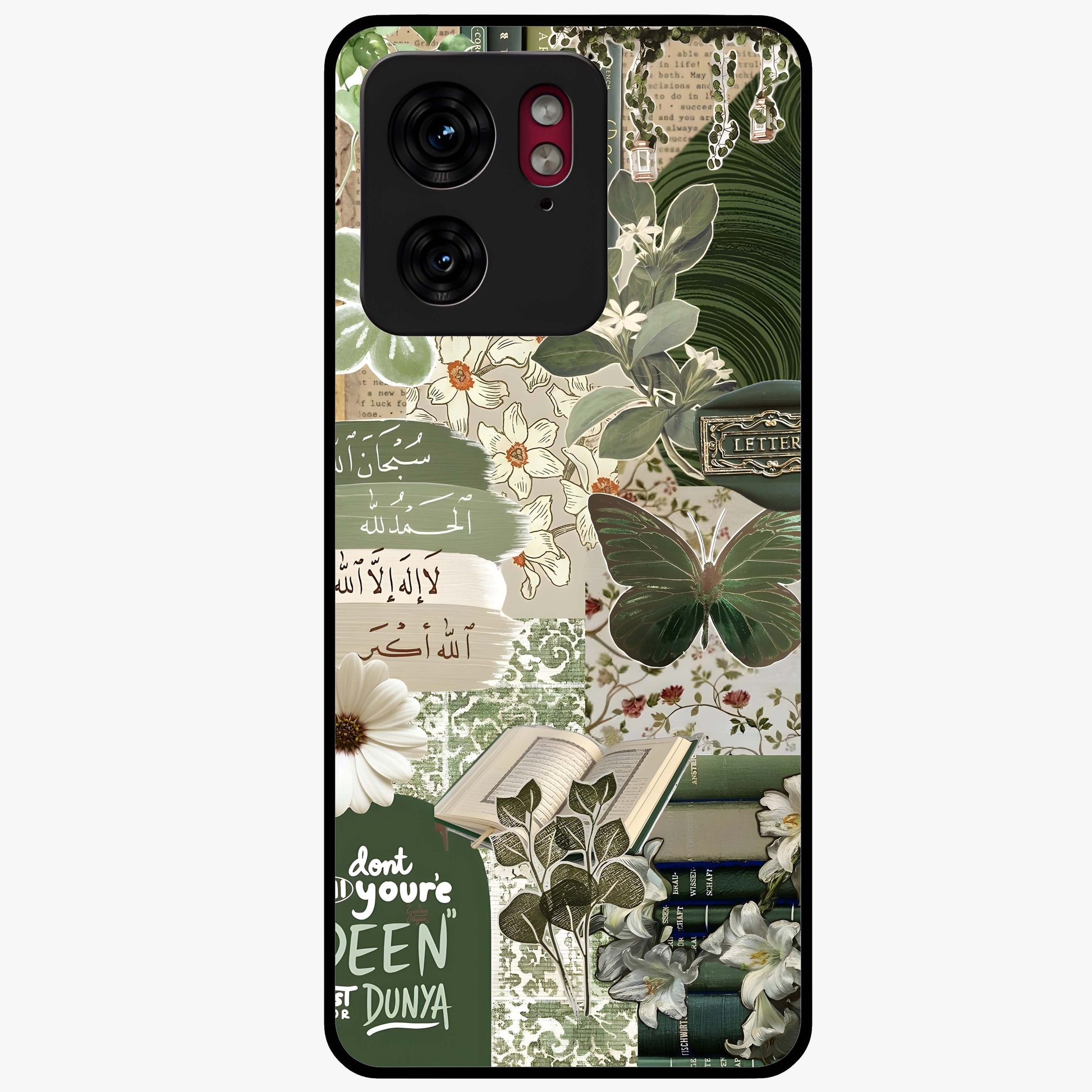 Green Islamic Books Quotes Glass Case showing flat back view with Islamic quotes and book themed artwork and glossy glass finish.